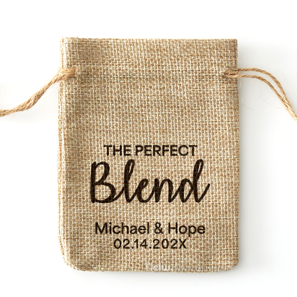 Personalized burlap drawstring favor bag printed with “The Perfect Blend,” names, and a date