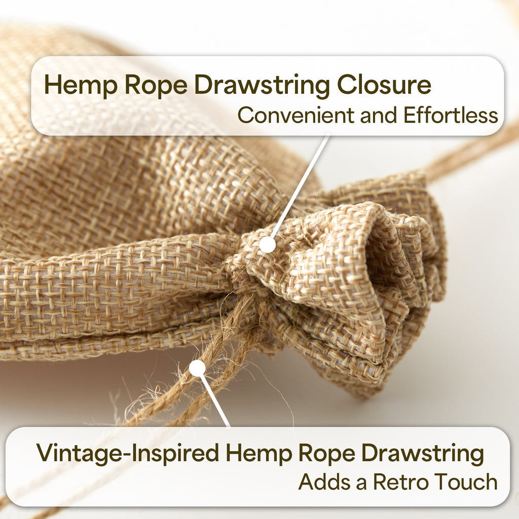 Close-up of a burlap bag tied with a natural hemp rope drawstring