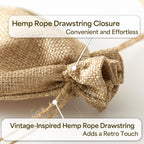 Close-up of a burlap bag tied with a natural hemp rope drawstring