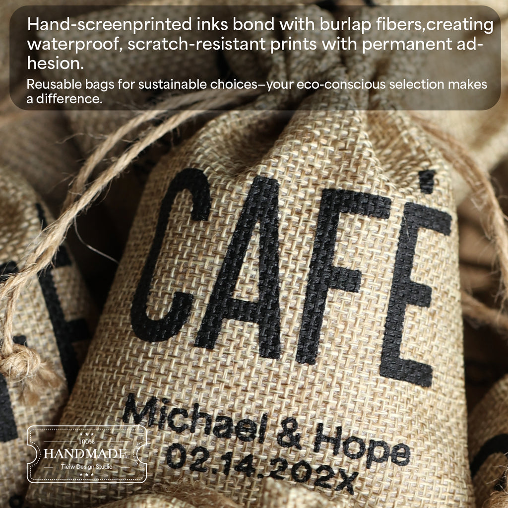 Close-up of hand-screenprinted personalized burlap favor bags