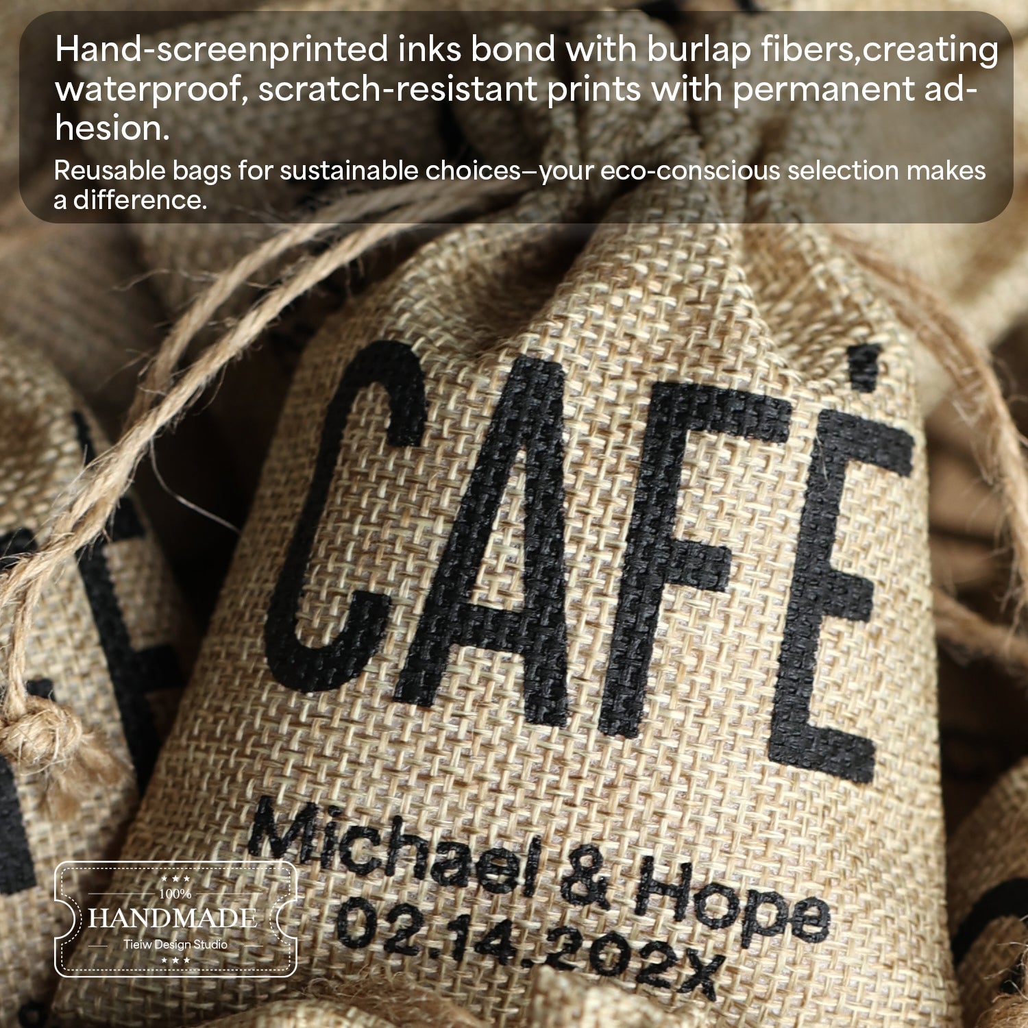 Close-up of hand-screenprinted personalized burlap favor bags