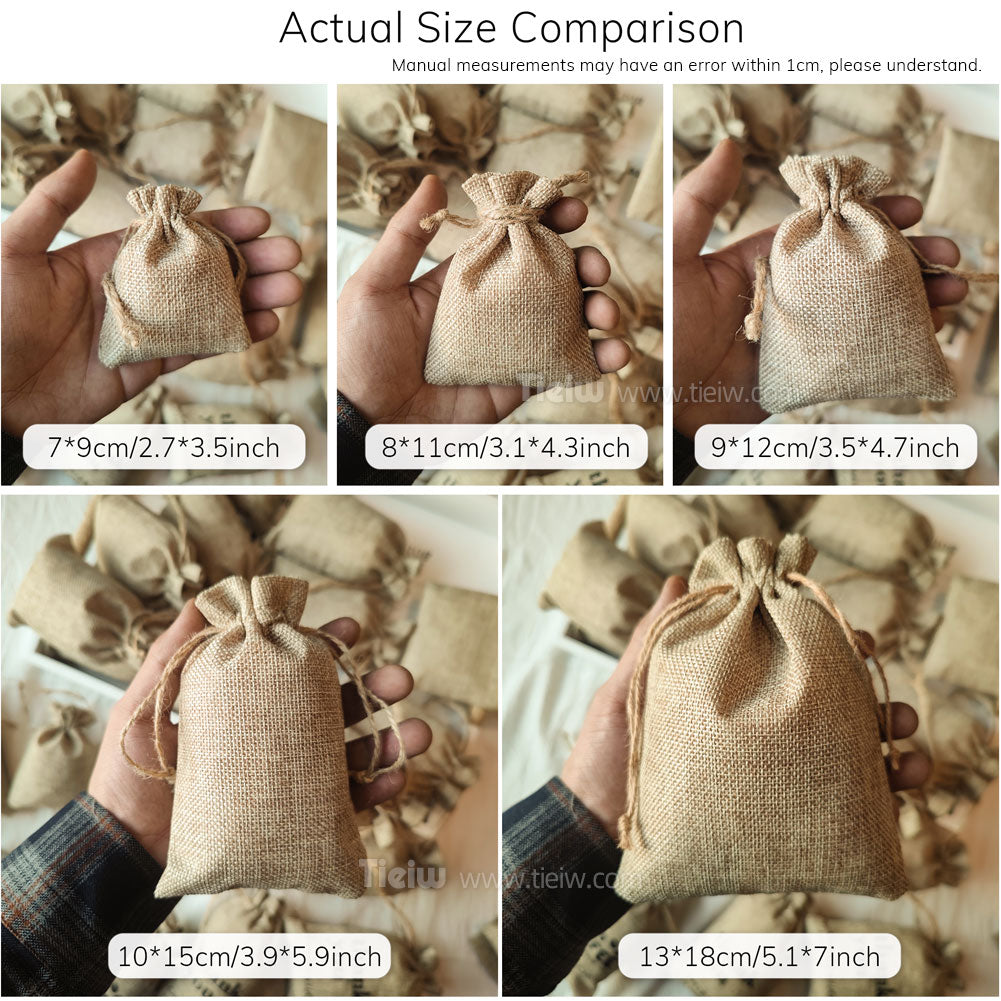 Five burlap drawstring bag sizes shown in hand for scale