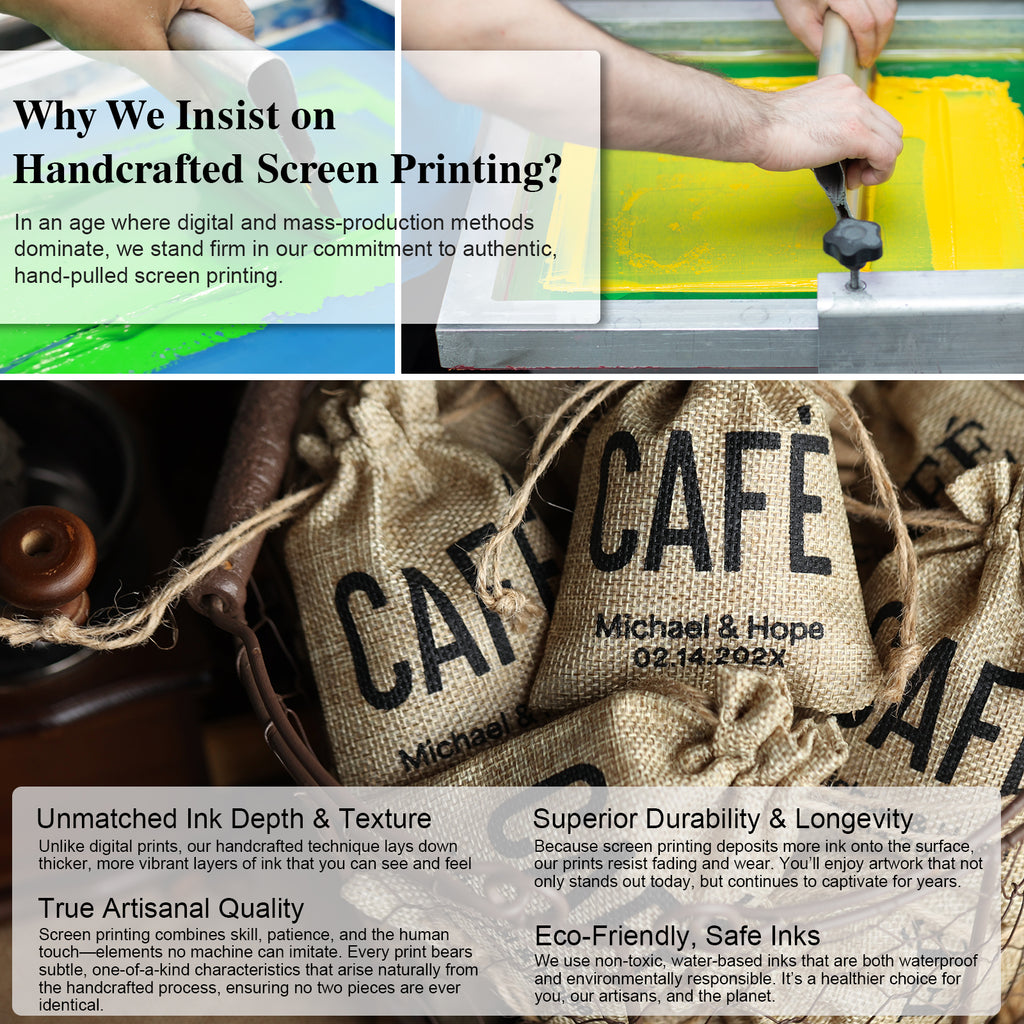 Handcrafted screen-printing process and finished personalized burlap bags