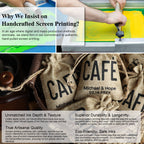 Handcrafted screen-printing process and finished personalized burlap bags